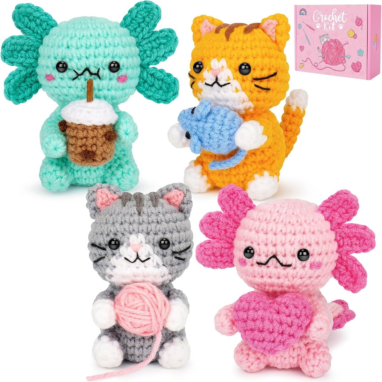 Crochet Kit for Beginners, Axolotls & Cat Crochet Kit for Adults Beginner, Complete Crochet Animals Starter Kit with Step-by-Step Video Tutorials, Easy Knitting Kit Cat Crafts Gifts